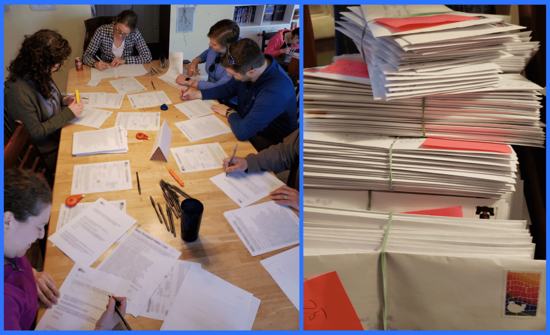 A photo of people around a table writing letters, and a photo of stacks of completed letters in envelopes ready to be mailed.