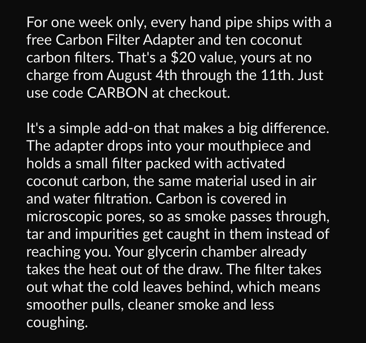Carbon filter adapter details and checkout code