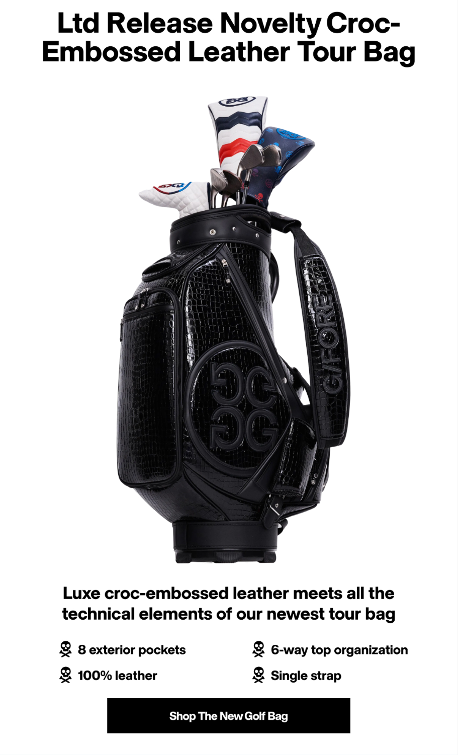Ltd Release Novelty Croc-Embossed Leather Tour Bag | 6 exterior pockets | High abrasion resistant tour grade P.U. | 4-way top organisation | Convertible padded double strap | Shop The New Golf Bag