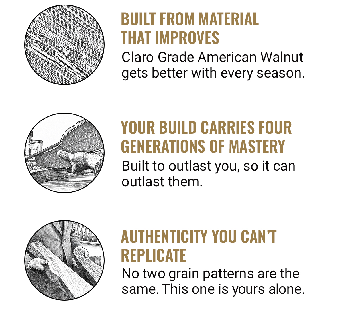 BUILT FROM MATERIAL THAT IMPROVES | Claro Grade American Walnut gets better with every season. | YOUR BUILD CARRIES FOUR GENERATIONS OF MASTERY | Built to outlast you, so it can outlast them. | AUTHENTICITY YOU CAN'T REPLICATE | No two grain patterns are the same. This one is yours alone.