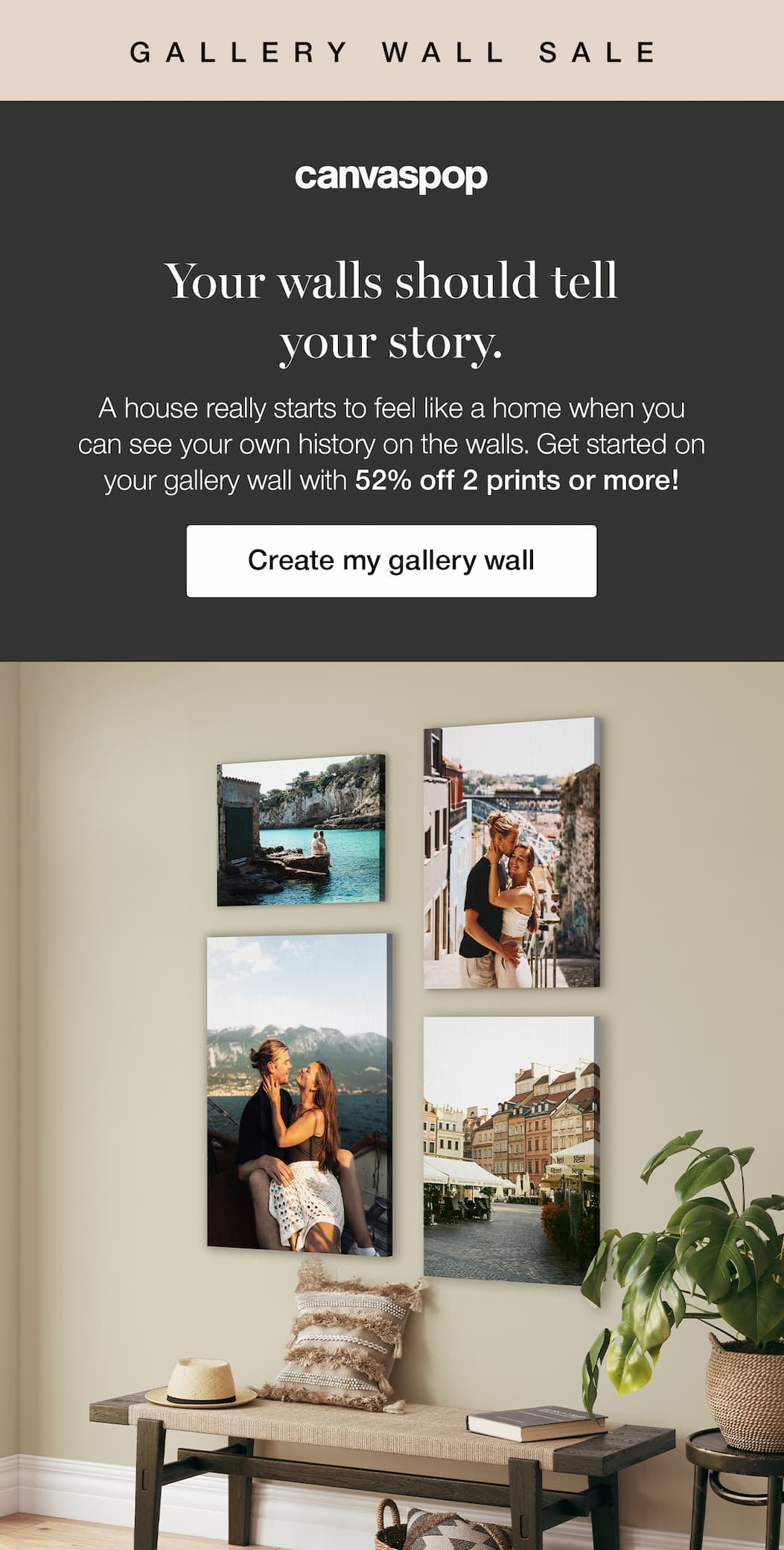 Four canvas prints of a couple on vacation.