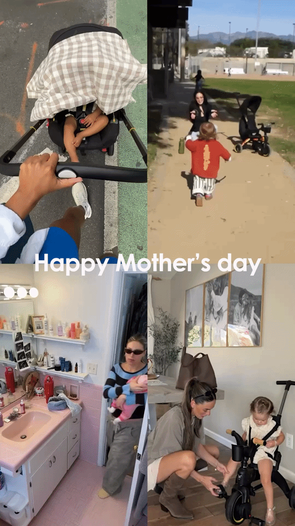 Animated collage showing four mothers with their babies and toddlers using Doona products, including a car seat stroller and Liki Trike, with a “Happy Mother’s Day” message.