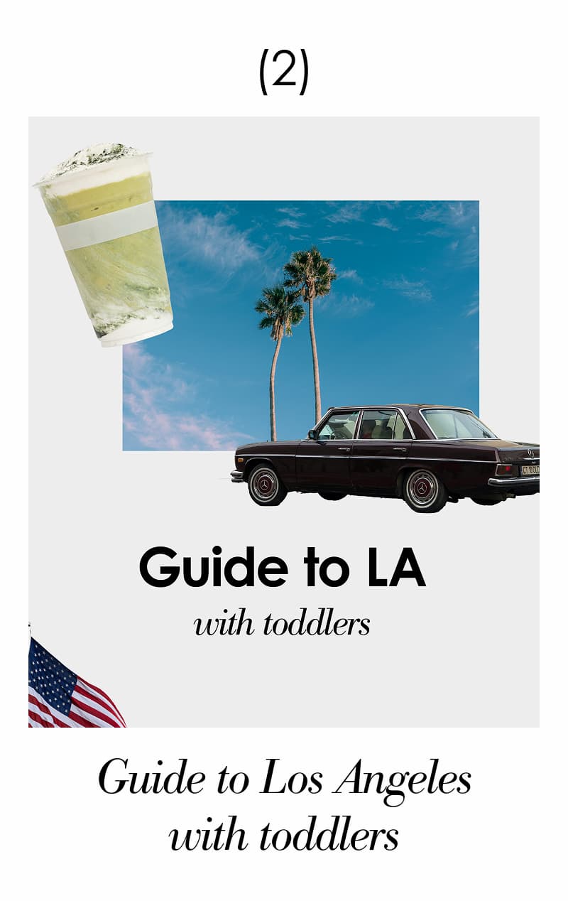 Collage of palm trees, retro car, matcha drink, and US flag representing Los Angeles travel lifestyle.