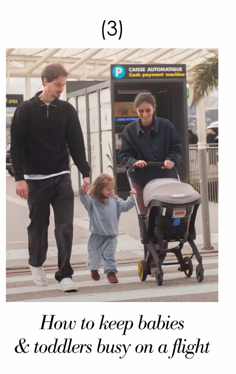 Parents with a toddler outside an airport, mother pushing a Doona Car Seat & Stroller.