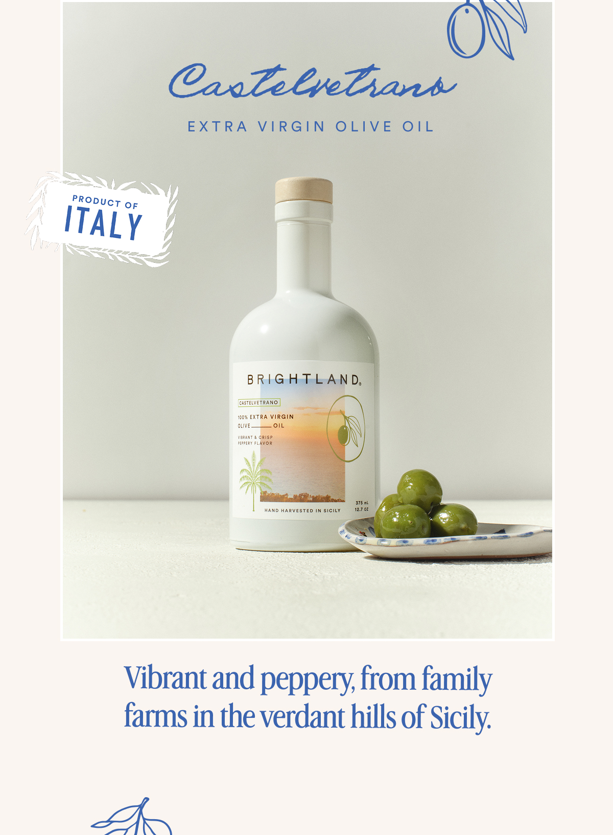 Castelvetrano, Vibrant and Peppery from family farms.