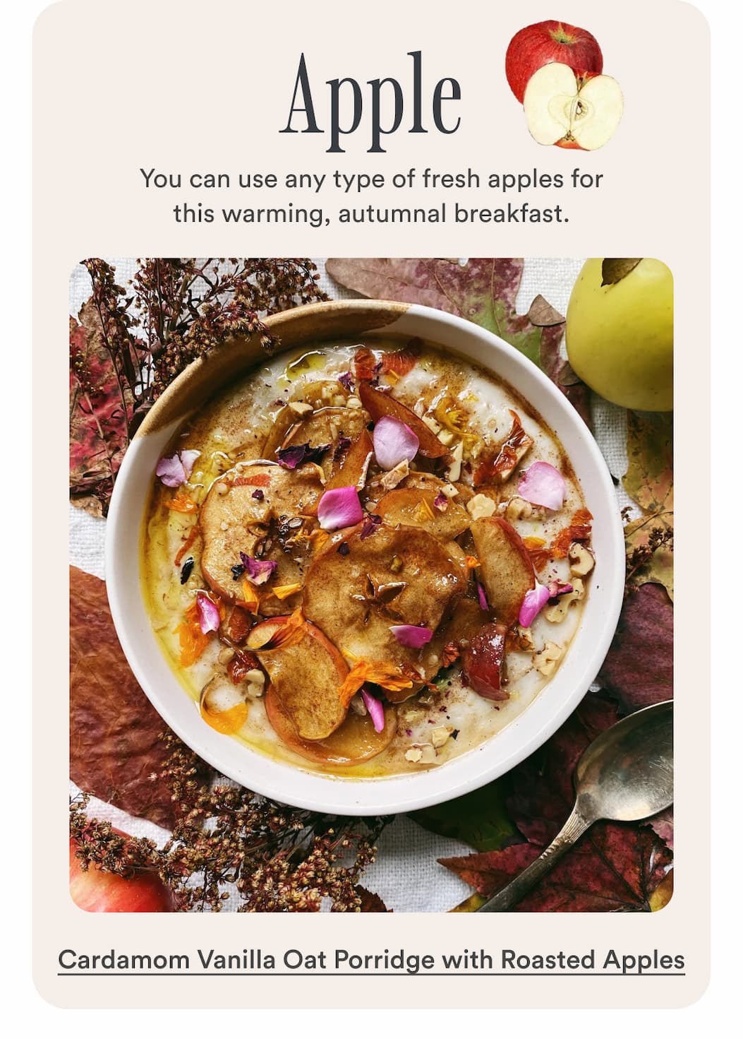 Apple. You can use any type of fresh apples for this warming, autumnal breakfast. Make Cardamom Vanilla Oat Porridge with Roasted Apples Apple. You can use any type of fresh apples for this warming, autumnal breakfast. Make Cardamom Vanilla Oat Porridge with Roasted Apples