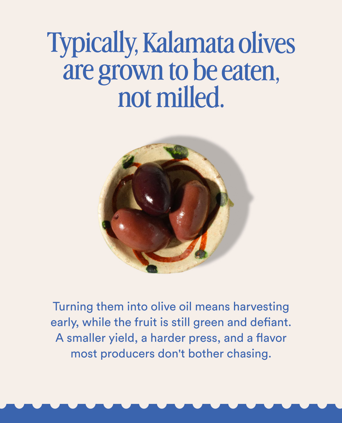 Typically, Kalamata olives are grown to be eaten, not milled.