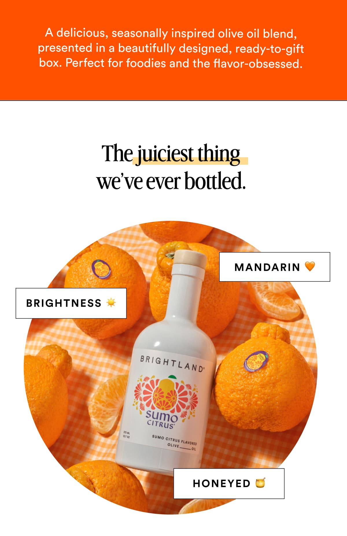 A delicious, seasonally inspired olive oil blend, presented in a beautifully designed, ready-to-gift box. Perfect for foodies and the flavor-obsessed. The juiciest thing we’ve ever bottled. MANDARIN 🍊 BRIGHTNESS ☀️ HONEYED 🍯