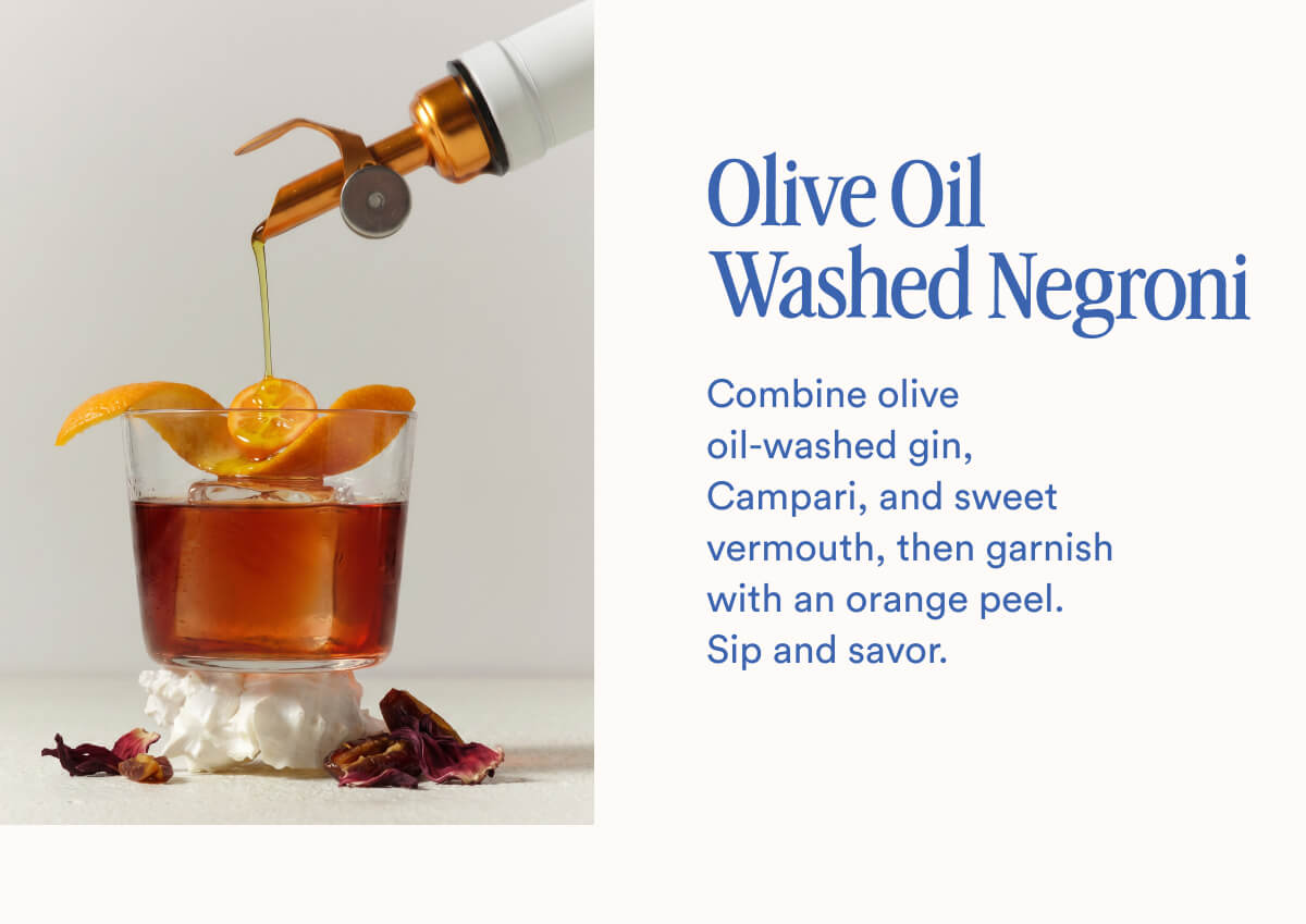 Olive Oil Washed Negroni | Combine olive oil-washed gin, Campari, and sweet vermouth, then garnish with an orange peel. Sip and savor.