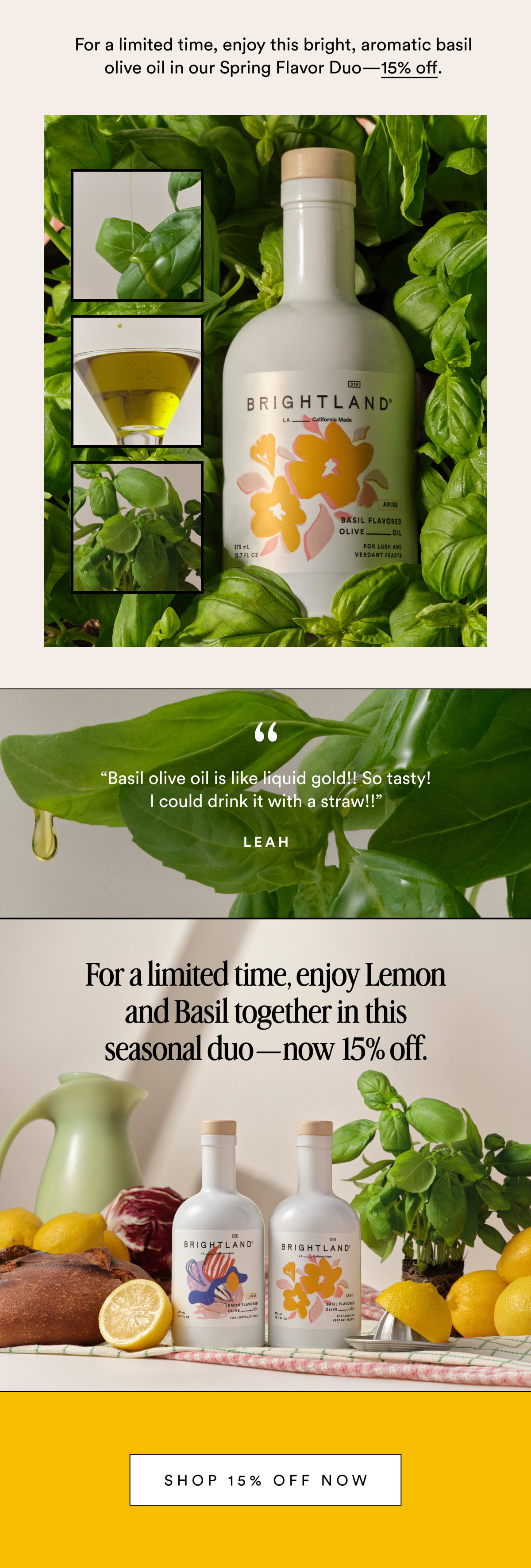 For a limited time, enjoy this bright, aromatic basil olive oil in our Spring Flavor Duo—15% off. “Basil olive oil is like liquid gold!! So tasty! I could drink it with a straw!!” Leah For a limited time, enjoy Lemon and Basil together in this seasonal duo—now 15% off. shop 15% off now