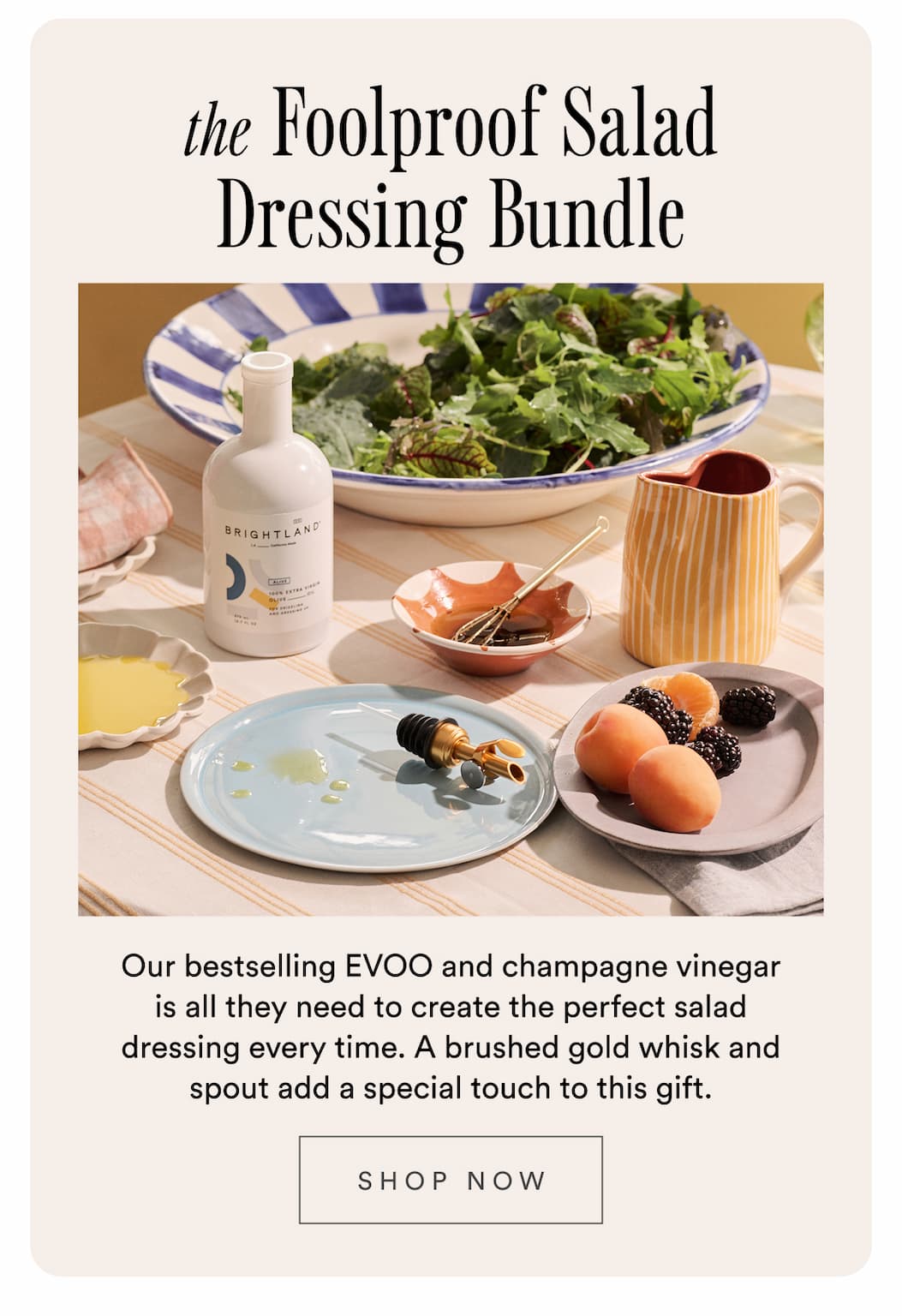 The Foolproof Salad dressing bundle. Our bestselling EVOO and champagne vinegar is all they need to create the perfect salad dressing every time. A brushed gold whisk and spout add a special touch to this gift. Shop now. The Foolproof Salad dressing bundle. Our bestselling EVOO and champagne vinegar is all they need to create the perfect salad dressing every time. A brushed gold whisk and spout add a special touch to this gift. Shop now.