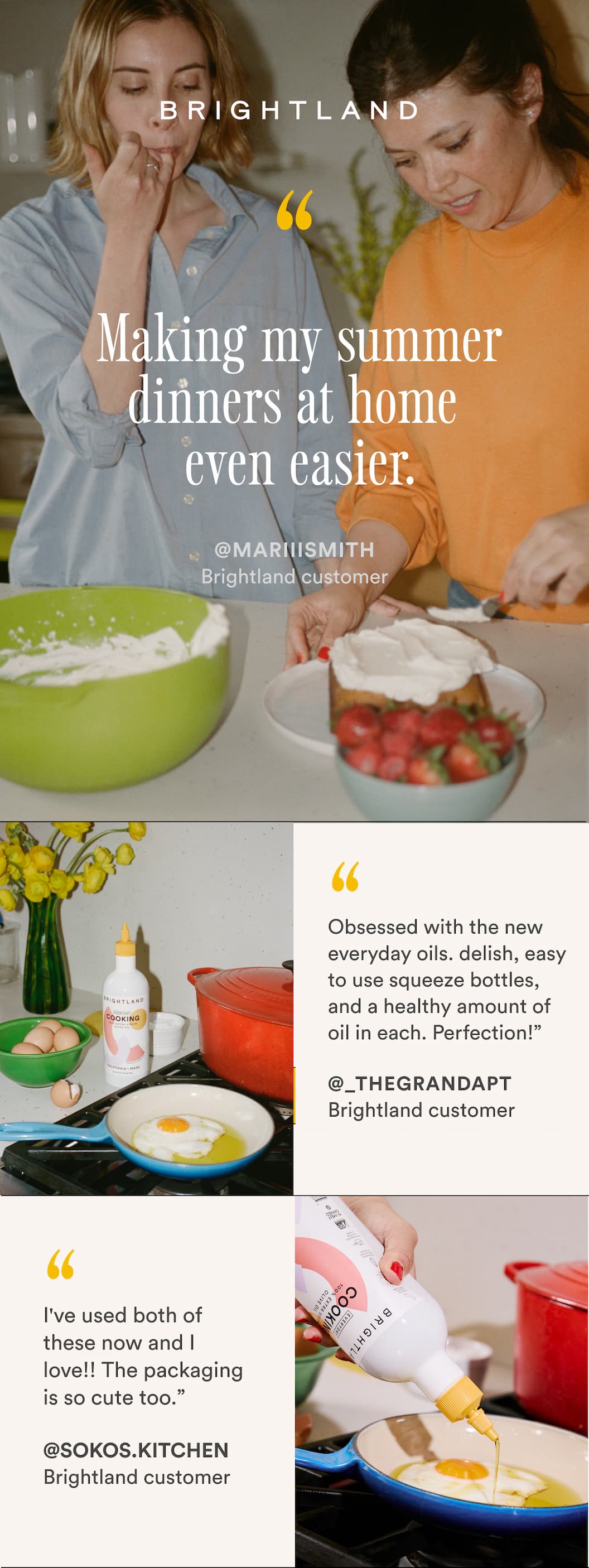 Positive reviews from influencers praising the everyday oils for their taste, versatility, and packaging