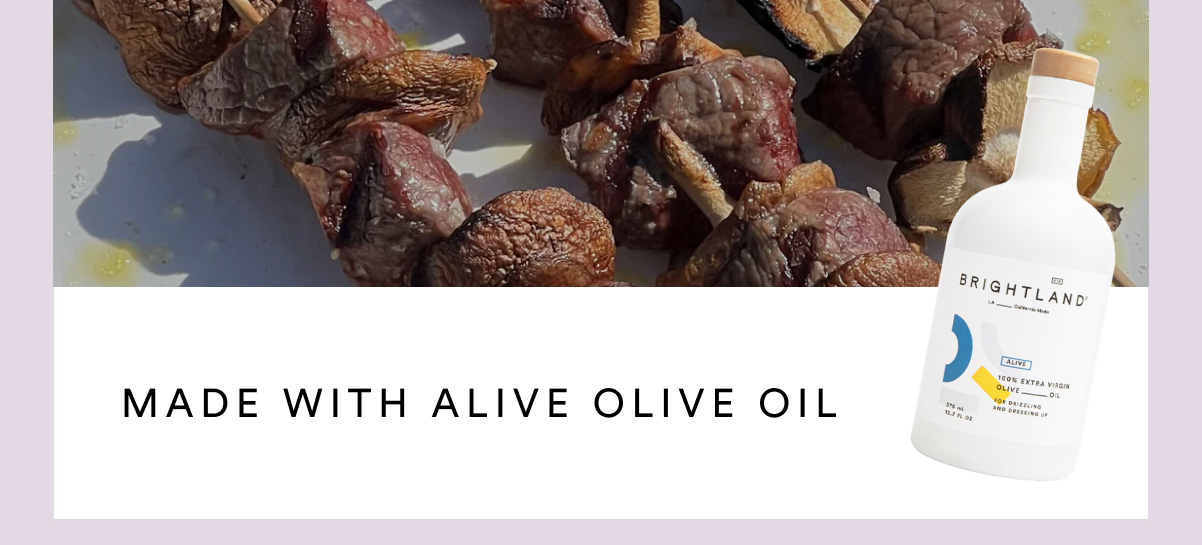 Mushroom & Steak Kabobs. Make with Alive Olive Oil. 