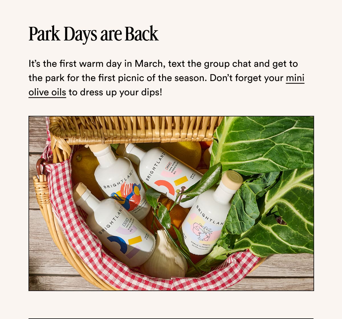 Park Days are Back It’s the first warm day in March, text the group chat and get to the park for the first picnic of the season. Don’t forget your mini olive oils to dress up your dips!