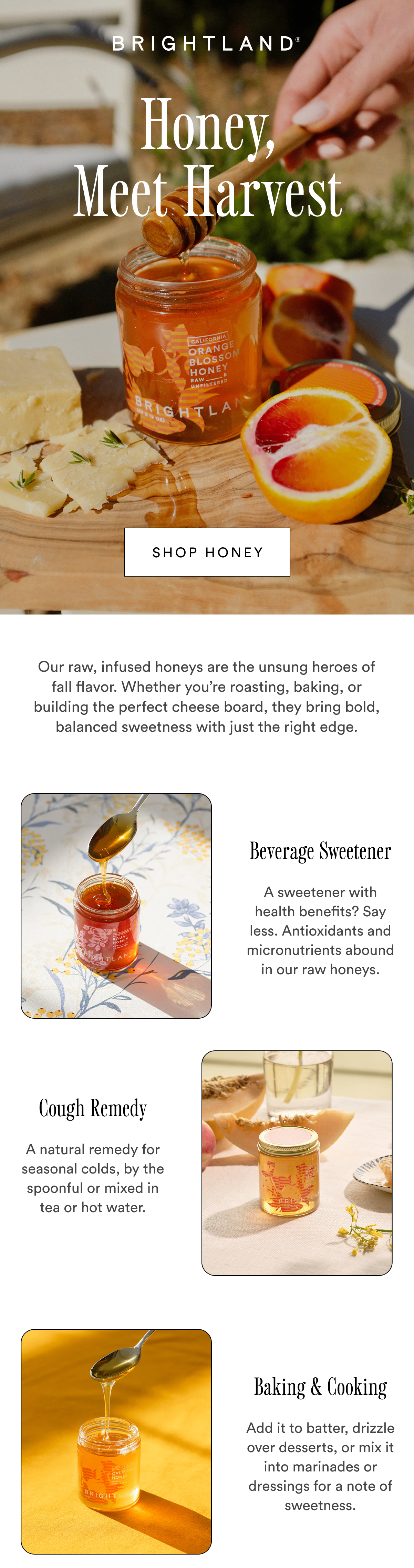 Honey, Meet Harvest Shop honey Our raw, infused honeys are the unsung heroes of fall flavor. Whether you’re roasting, baking, or building the perfect cheese board, they bring bold, balanced sweetness with just the right edge. Beverage Sweetener A sweetener with health benefits? Say less. Antioxidants and micronutrients abound in our raw honeys. Cough Remedy A natural remedy for seasonal colds, by the spoonful or mixed in tea or hot water.  Baking & Cooking Add it to batter, drizzle over desserts, or mix it into marinades or dressings for a note of sweetness.  Honey, Meet Harvest Shop honey Our raw, infused honeys are the unsung heroes of fall flavor. Whether you’re roasting, baking, or building the perfect cheese board, they bring bold, balanced sweetness with just the right edge. Beverage Sweetener A sweetener with health benefits? Say less. Antioxidants and micronutrients abound in our raw honeys. Cough Remedy A natural remedy for seasonal colds, by the spoonful or mixed in tea or hot water.  Baking & Cooking Add it to batter, drizzle over desserts, or mix it into marinades or dressings for a note of sweetness.