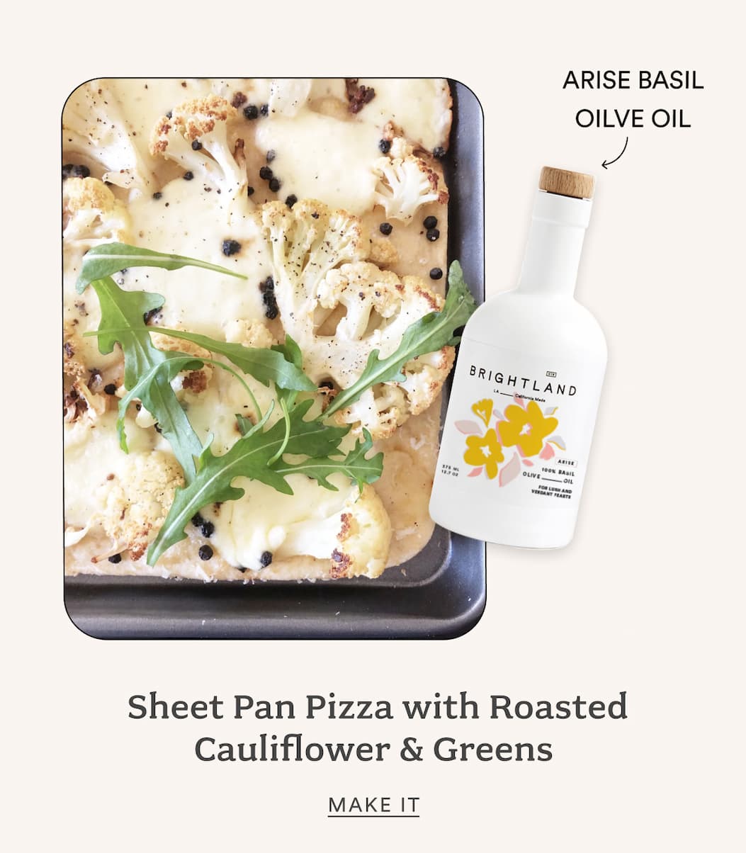 Sheet Pan Pizza with Roasted Caultiflower and greens. Made with Arise Basil Oil Sheet Pan Pizza with Roasted Caultiflower and greens. Made with Arise Basil Oil