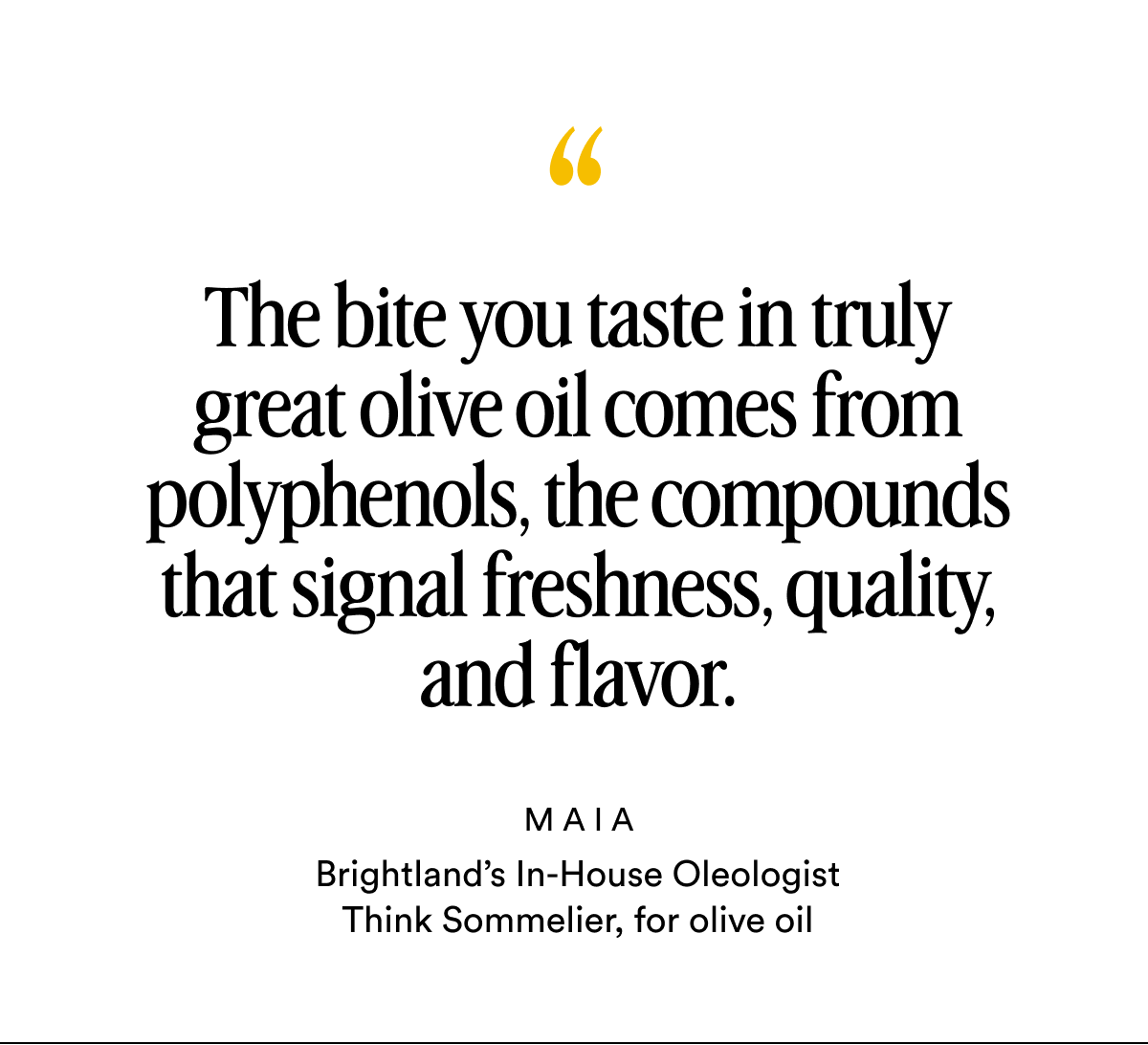 “ The bite you taste in truly great olive oil comes from polyphenols, the compounds that signal freshness, quality, and flavor.  MAIA Brightland’s In-House Oleologist Think Sommelier, for olive oil