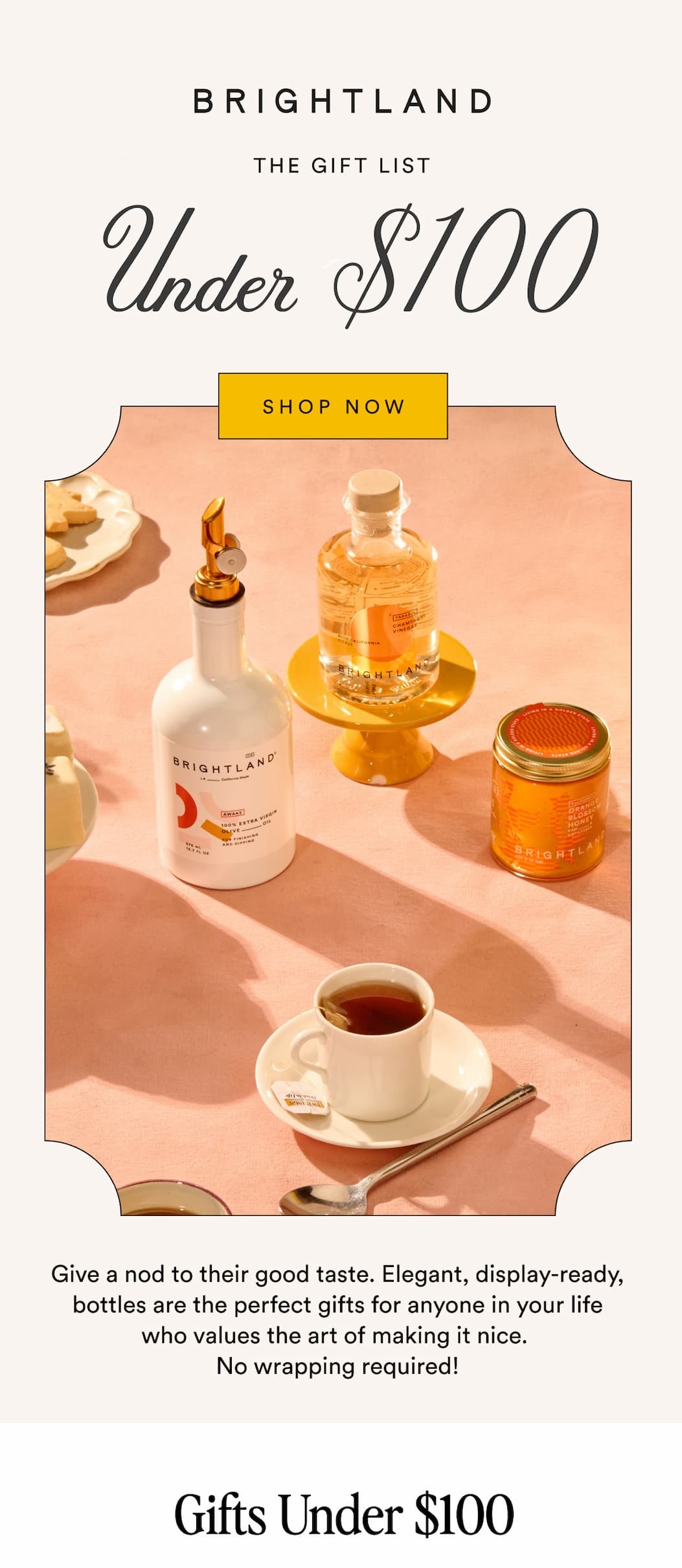BRIGHTLAND THE GIFT LIST Under $100 SHOP NOW Give a nod to their good taste. Elegant, display-ready, bottles are the perfect gifts for anyone in your life who values the art of making it nice.  No wrapping required! Gifts Under $100