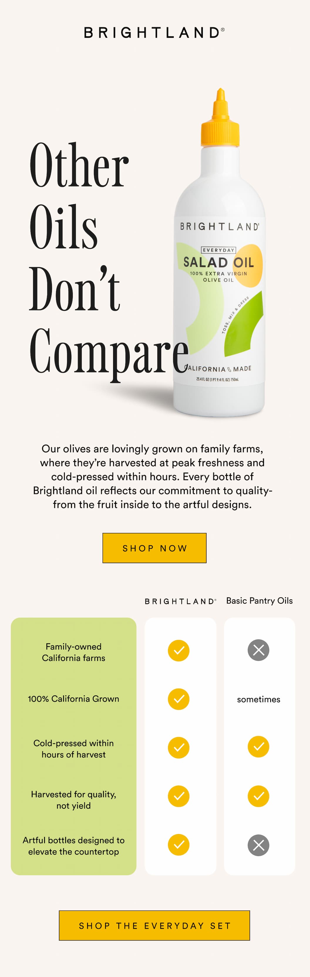 Other Oils don't compare. Our olives are lovingly grown on family farms, where they’re harvested at peak freshness and cold-pressed within hours. Every bottle of Brightland oil reflects our commitment to quality—from the fruit inside to the artful designs. Brightland is 100% California grown, cold pressed within hours of harvest, harvested for quality, not yield, and has artful bottles designed to elevate the countertop. Shop the Everyday set.