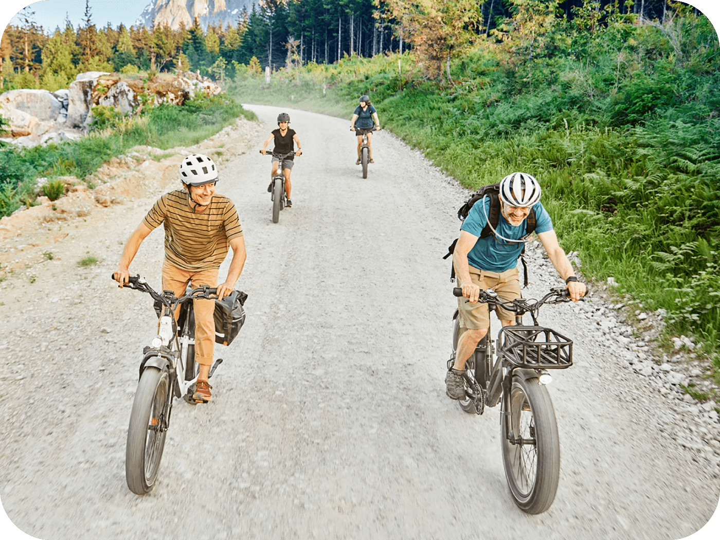 Friends riding ebikes outdoors