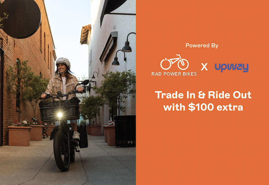 A banner with Upway X Rad Power Bikes and a green RadRunner