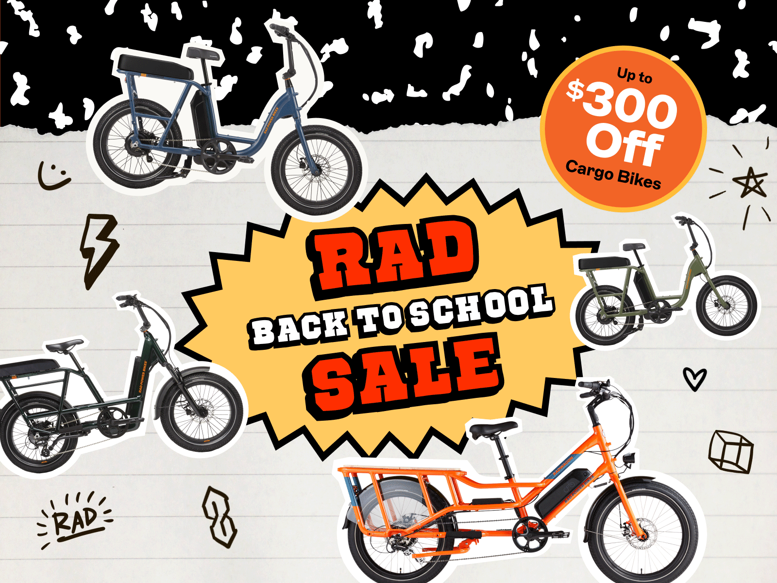 Four cargo ebikes against a notebook paper motif with handrawn doodles.