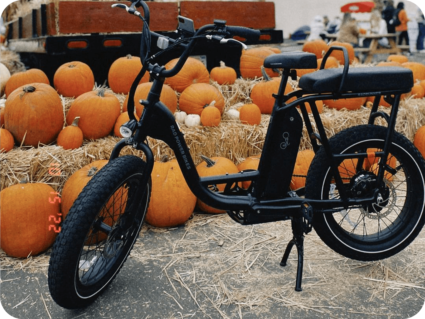 An ebike outdoors in a pumpkin patch