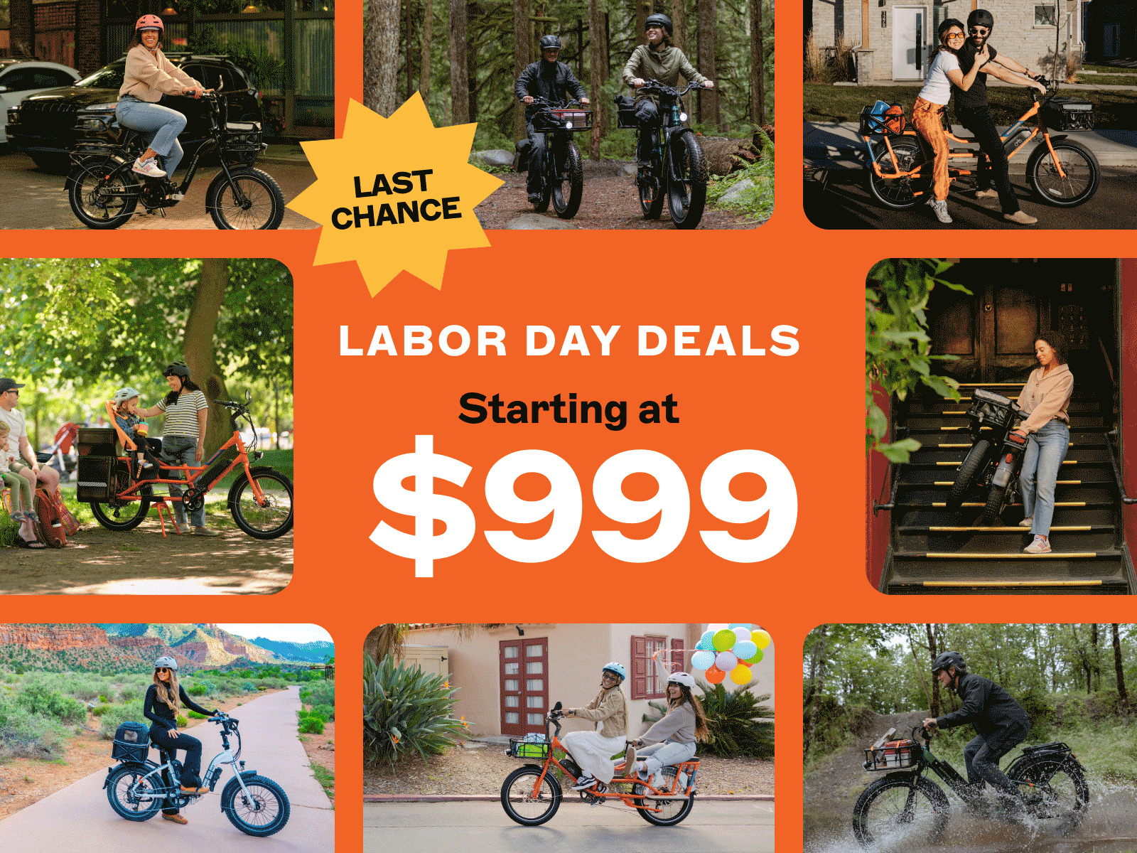 A collection of Rad Power Bikes alongside a labor day graphic