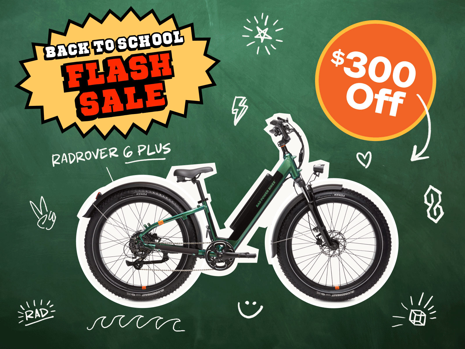 A RadRover on a green blackboard with chalk sketches