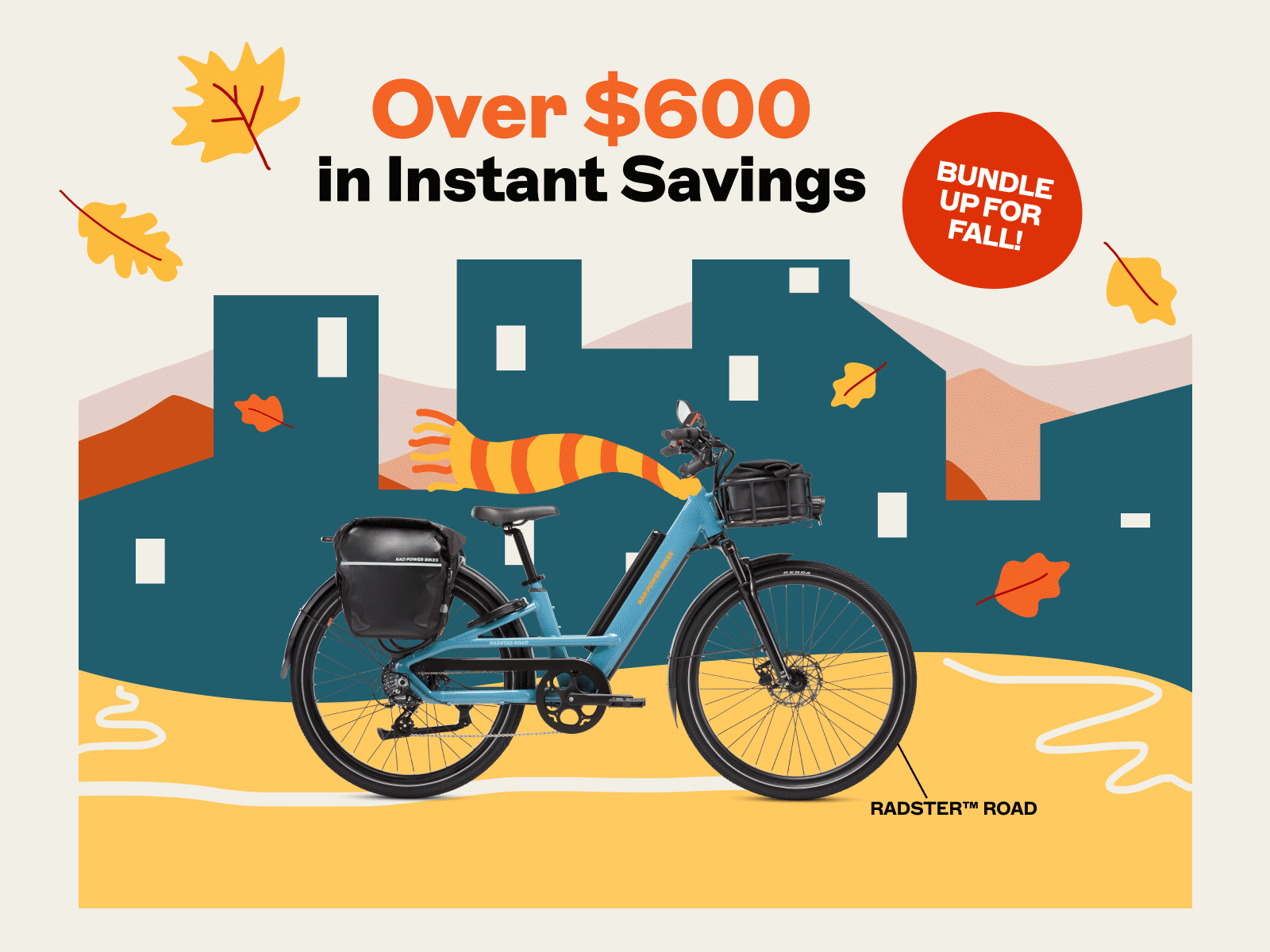 A collection of Rad Power Bikes wearing illustrated scarves in a fall background