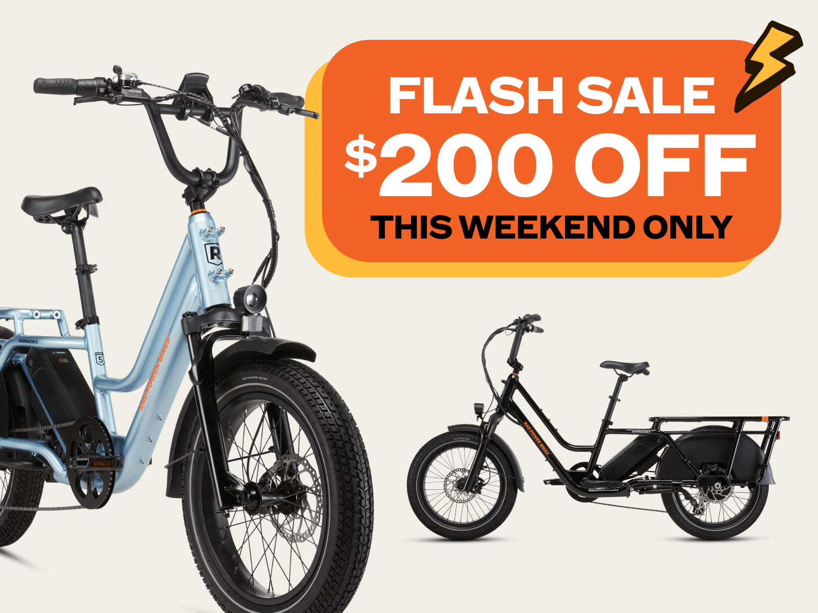 The RadWagon 5 in blue and black alongside a flashing "Flash Sale: $200 Off, This Weekend Only" graphic.