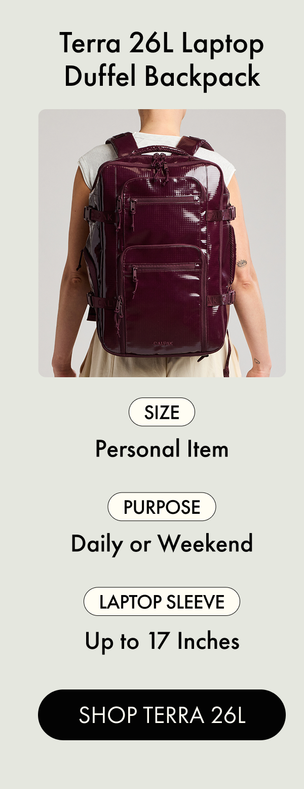Terra 26L Laptop Duffel Backpack | Personal Item size, fits laptops up to 17 inches. | SHOP TERRA 26L