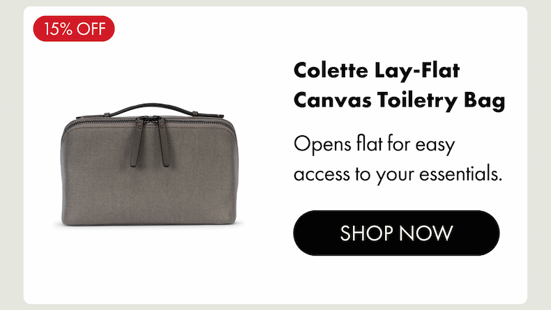 15% OFF | Colette Lay-Flat Canvas Toiletry Bag | Opens flat for easy access to your essentials. | SHOP NOW