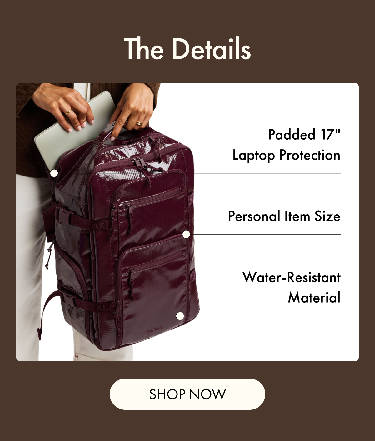The Details | Padded 17" Laptop Protection | Personal Item Size | Water-Resistant Material | SHOP NOW