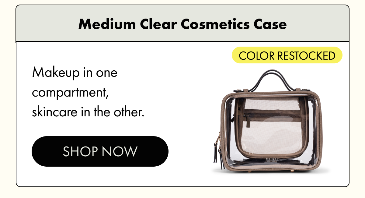 Medium clear cosmetics case | Makeup in one compartment, skincare in the other.