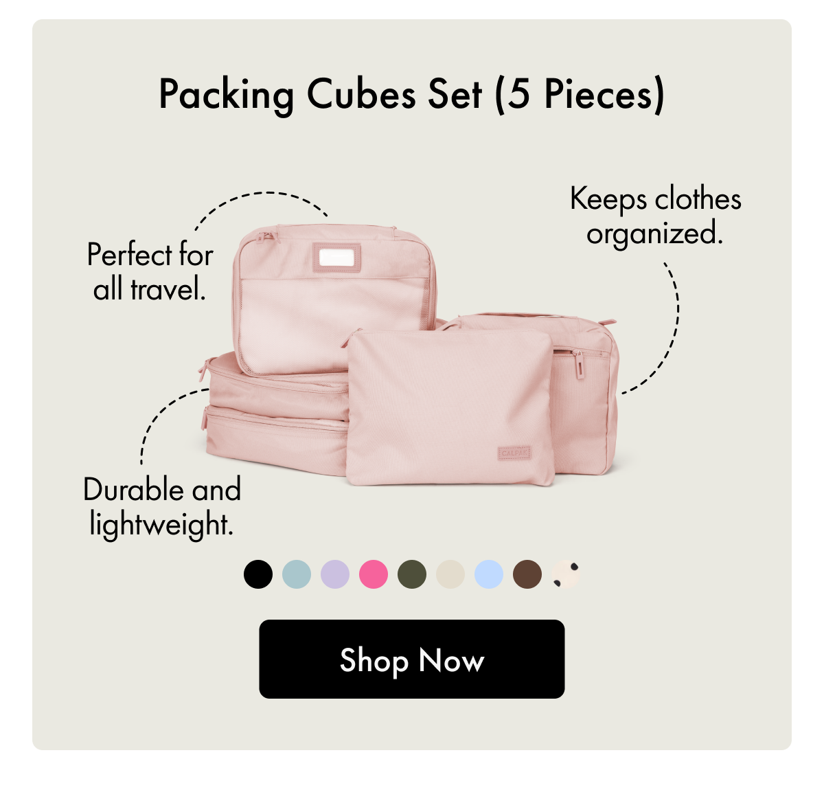 Packing Cubes Set (5 Pieces) | Keeps clothes organized. | Perfect for all travel. | Durable and lightweight. | Shop Now