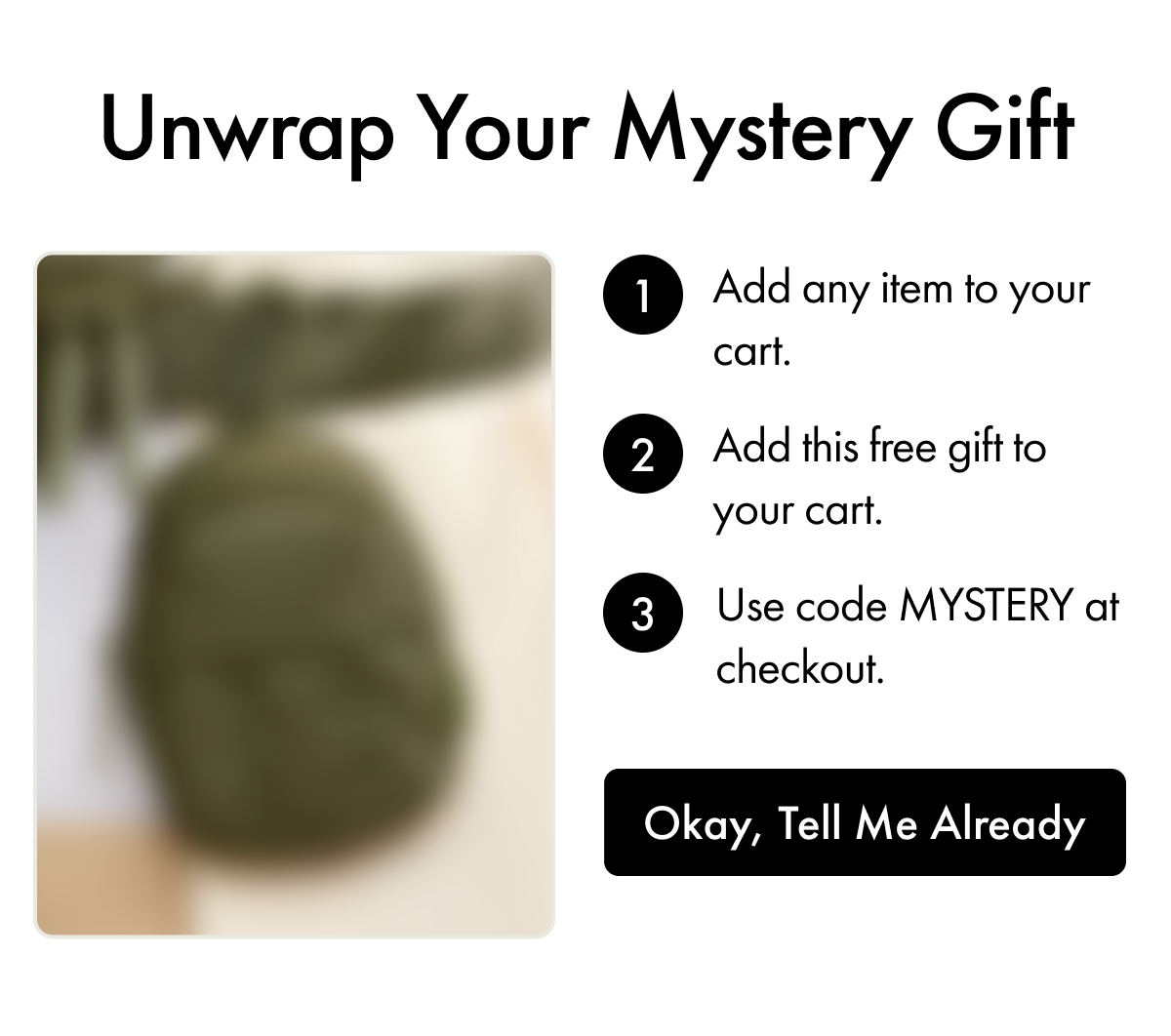 Unwrap Your Mystery Gift | 1. Add any item to your cart. | 2. Add this free gift to your cart. | 3. Use code MYSTERY at checkout. | Okay, Tell Me Already