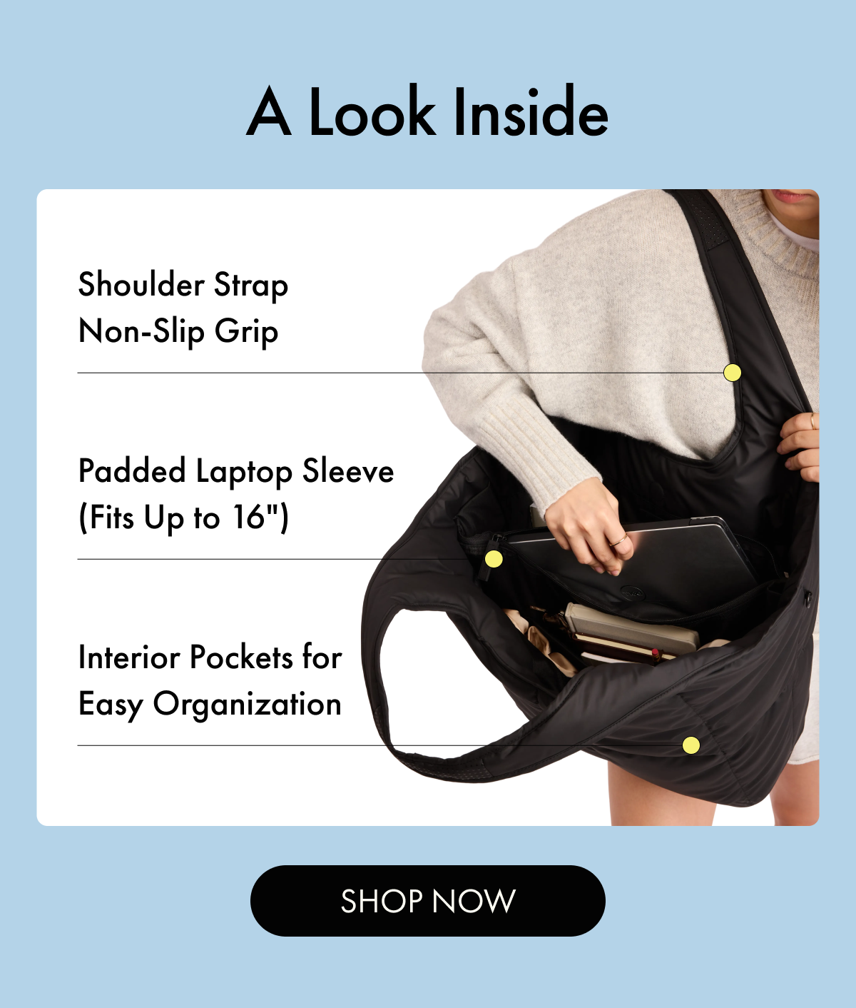 A Look Inside | Shoulder Strap Non-Slip Grip | Fits Up to 16" Laptop | Interior Pockets for Organization