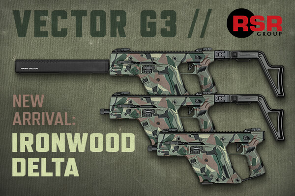 KRISS Vector Gen 3 rifles in Ironwood Delta Cerakote camo: rust-brown, forest green, and sage angular pattern
