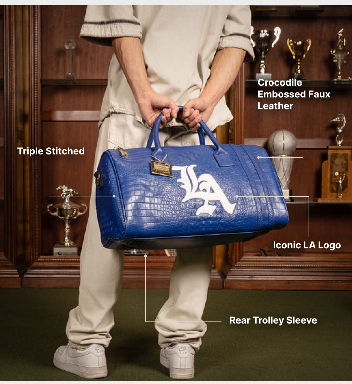 feature breakdown: croc embossed, LA logo, rear trolley sleeve
