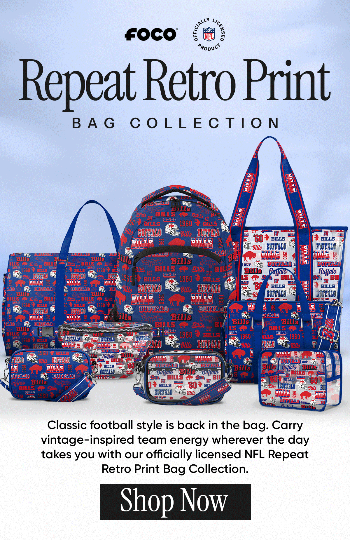 Carry vintage-inspired team energy everyday with the officially licensed NFL Repeat Retro Print Bag Collection