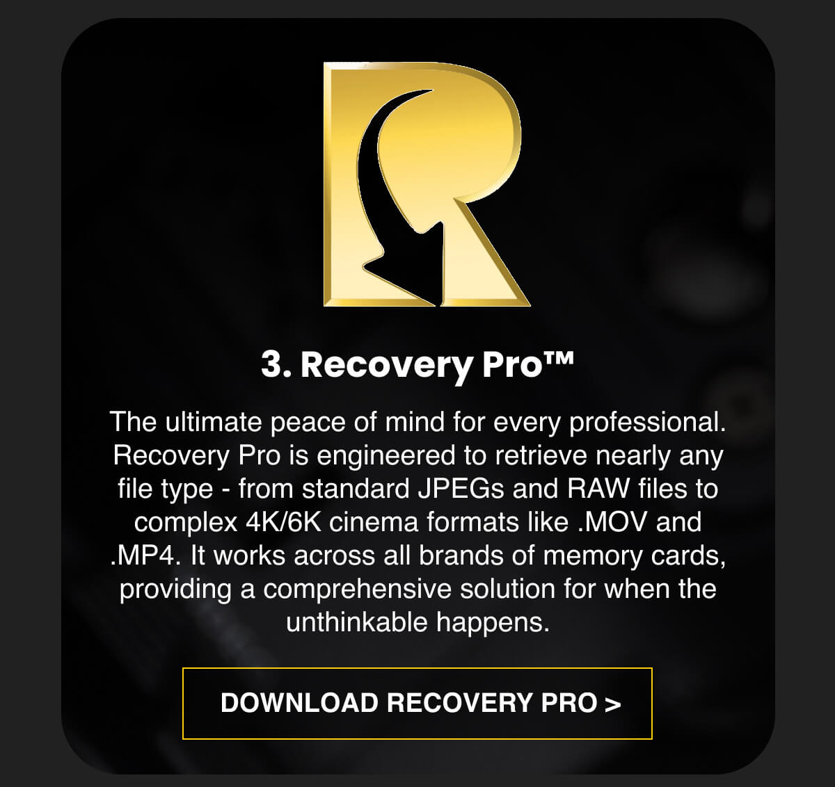 3. Recovery Pro™  The ultimate peace of mind for every professional. Recovery Pro is engineered to retrieve nearly any file type - from standard JPEGs and RAW files to complex 4K/6K cinema formats like .MOV and .MP4. It works across all brands of memory cards, providing a comprehensive solution for when the unthinkable happens. 