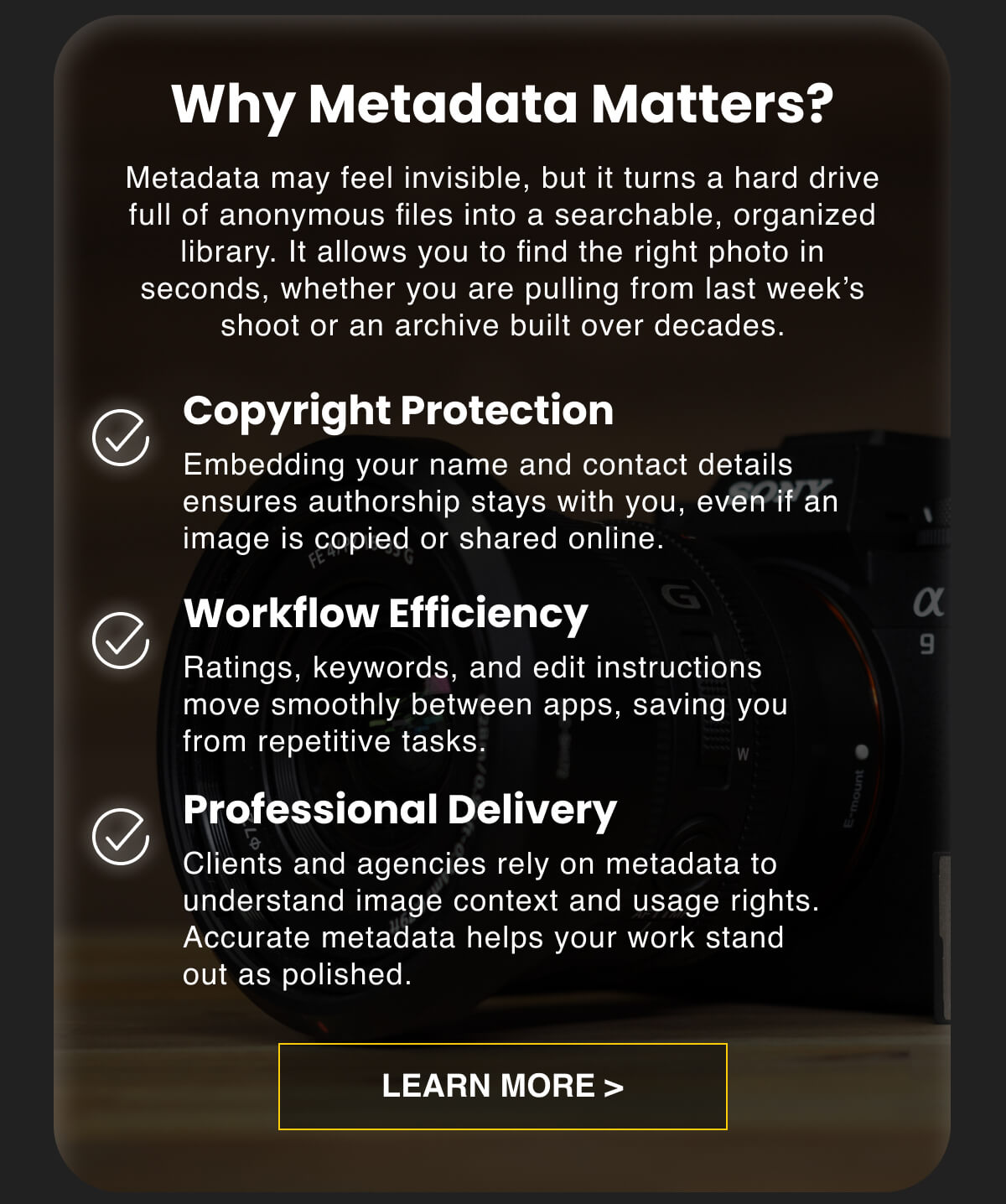 Why Metadata Matters? Metadata may feel invisible, but it turns a hard drive full of anonymous files into a searchable, organized library. It allows you to find the right photo in seconds, whether you are pulling from last week's shoot or an archive built over decades. Copyright Protection: Embedding your name and contact details ensures authorship stays with you, even if an image is copied or shared online. Workflow Efficiency: Ratings, keywords, and edit instructions move smoothly between apps, saving you from repetitive tasks. Professional Delivery: Clients and agencies rely on metadata to understand image context and usage rights. Accurate metadata helps your work stand out as polished.