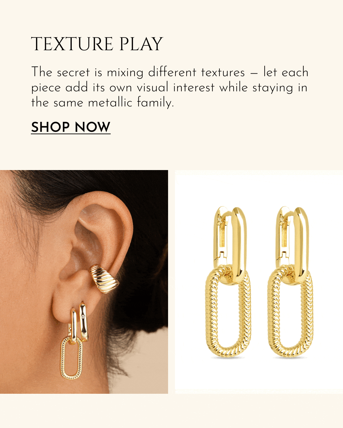 Texture Play | The secret is mixing different textures — let each piece add its own visual interest while staying in the same metallic family. [Shop Now]