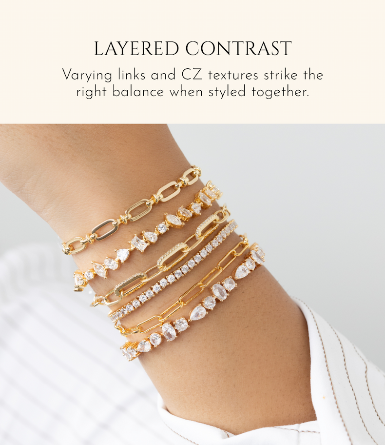 LAYERED CONTRAST Varying links and CZ textures strike the right balance when styled together.