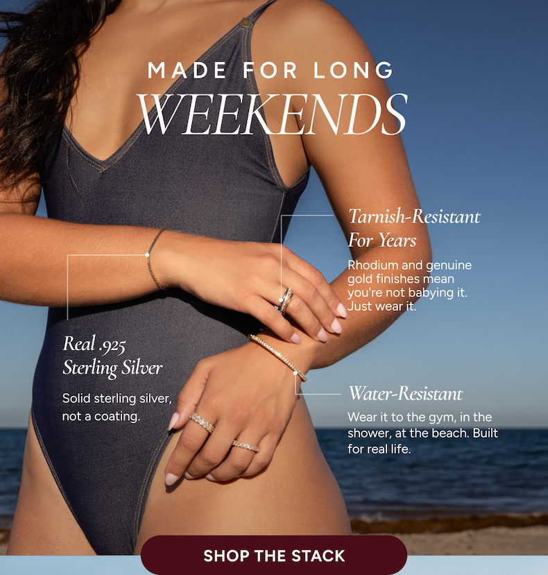 MADE FOR LONG WEEKENDS | Real .925  Sterling Silver Solid sterling silver, not a coating - Tarnish-Resistant for Years Rhodium and genuine gold finishes mean you're not babying it. Just wear it - Water-Resistant  Wear it to the gym, in the shower, at the beach. Built for real life. [SHOP THE STACK]