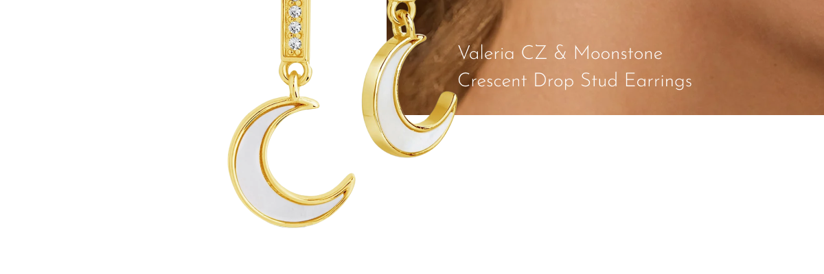 Valeria CZ & Moonstone Crescent Drop Stud Earrings
