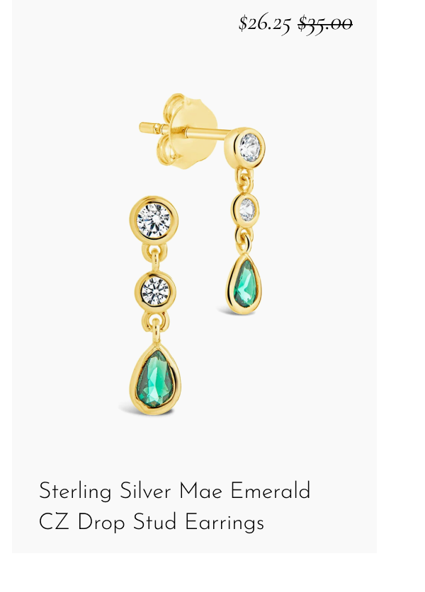 Sterling Silver Mae Emerald CZ Drop Stud Earrings