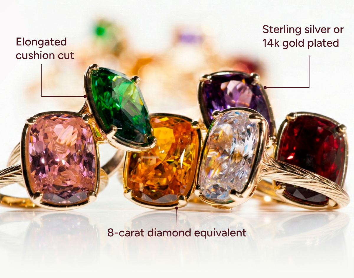 Elongated cushion cut, sterling silver or gold plated, 8-carat diamond equivalent