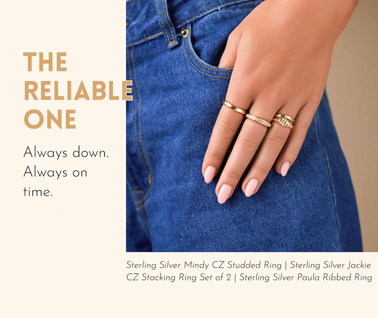 The Reliable One: Always down. Always on time. [Sterling Silver Mindy CZ Studded Ring | Sterling Silver Jackie CZ Stacking Ring Set of 2 | Sterling Silver Paula Ribbed Ring]